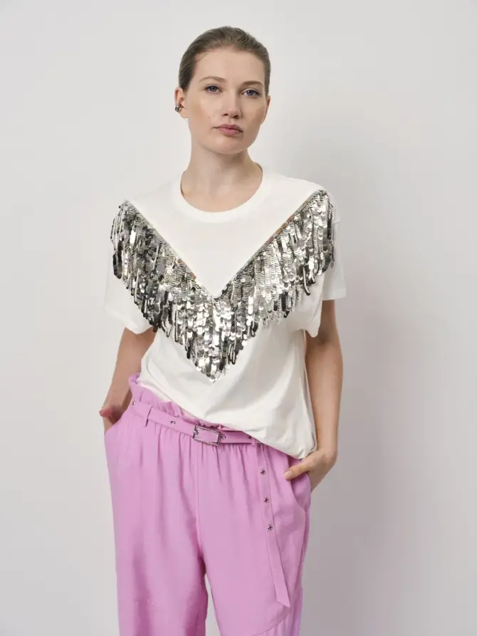 Dante 6 Pailletten Franje T-shirt Wit
