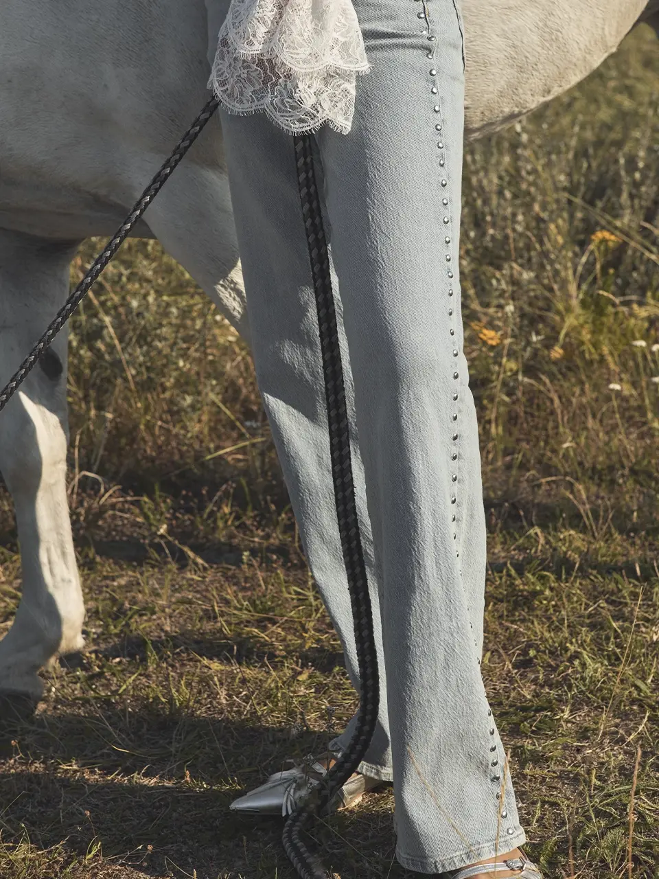 Dante 6 Studded Wide Leg Jeans Worn Blue