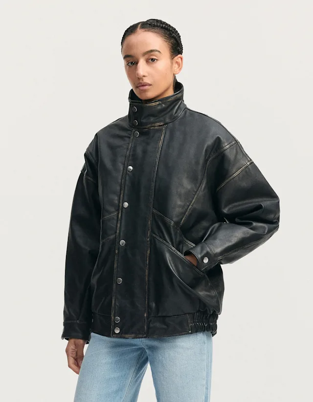 Denham IZUMI JACKET Worn Black Leather - Oversized Fit