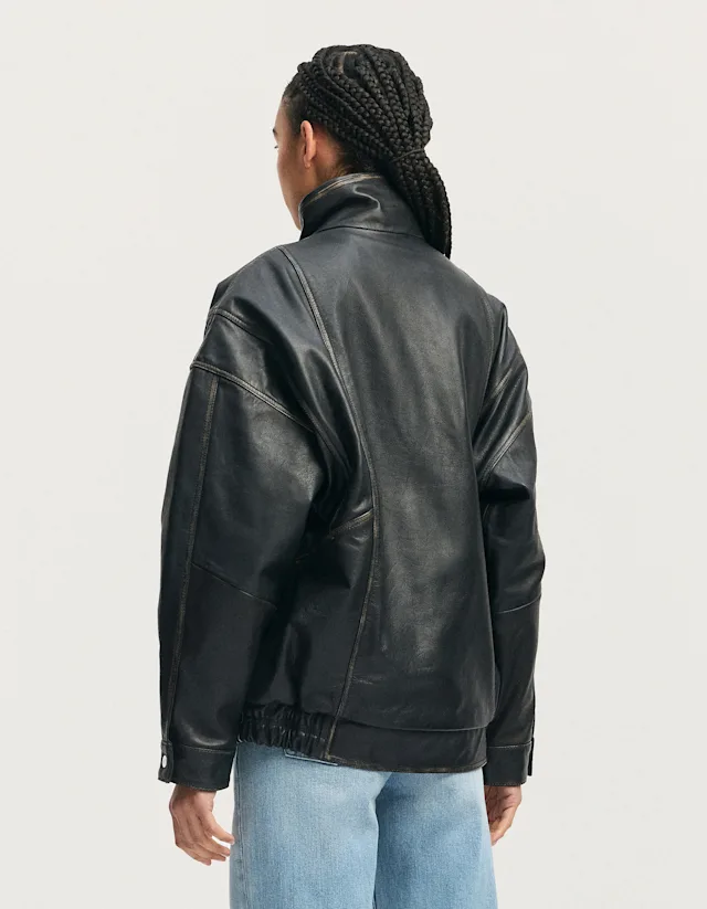 Denham IZUMI JACKET Worn Black Leather - Oversized Fit