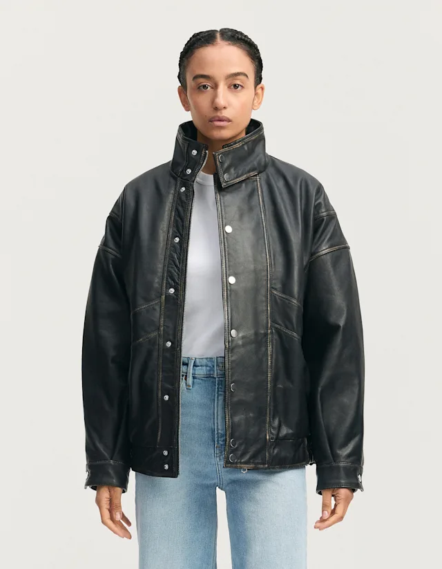 denham IZUMI JACKET Worn Black Leather - Oversized Fit