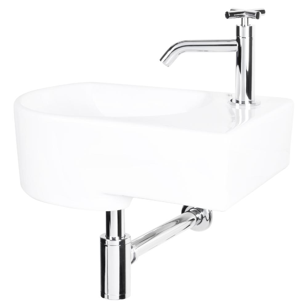 differnz Differnz Apollo fonteinset – keramiek – kraan gebogen kruis chroom rechts – 41.5 x 27 x 14 cm – wit