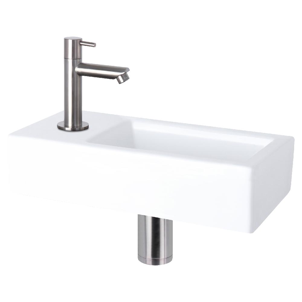 differnz Differnz Helios fonteinset – keramiek wit – koudwaterkraan recht mat chroom – kraan links – always open afvoerplug – 37.5 x 18.5 x 9 cm