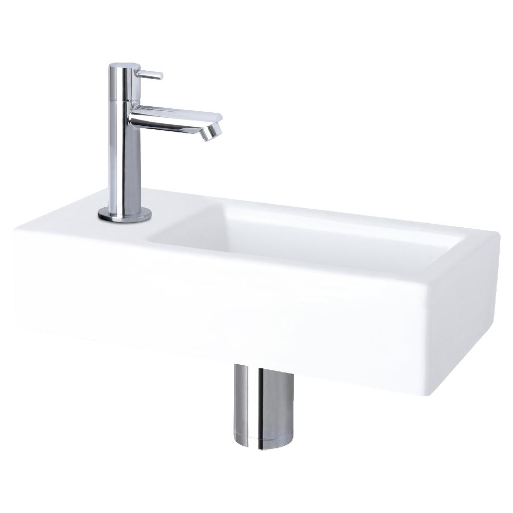 differnz Differnz Helios fonteinset – keramiek wit – koudwaterkraan recht chroom – kraan links – always open afvoerplug – 37.5 x 18.5 x 9 cm
