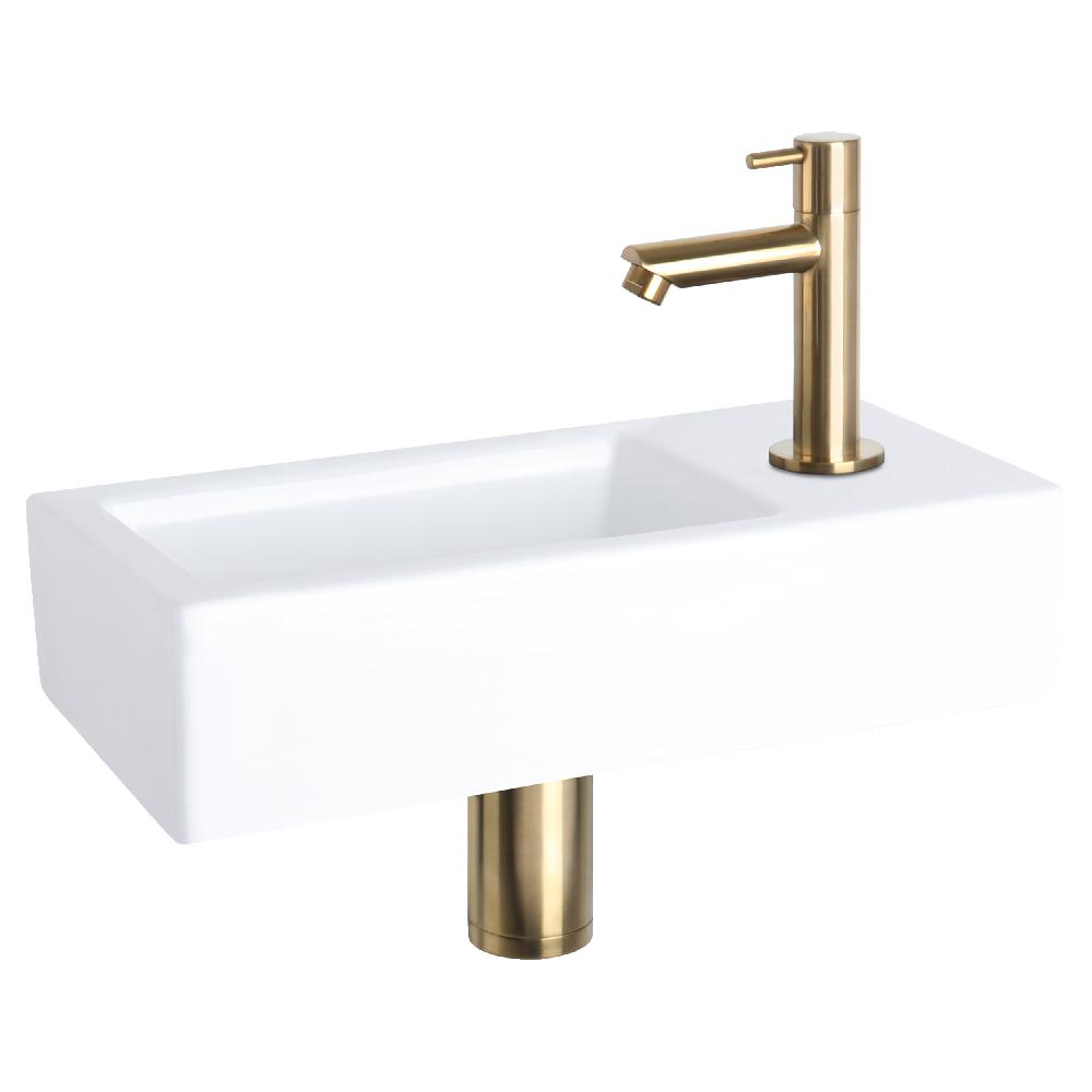 differnz Differnz Helios fonteinset – keramiek wit – koudwaterkraan recht mat goud – kraan rechts – always open afvoerplug – 37.5 x 18.5 x 9 cm