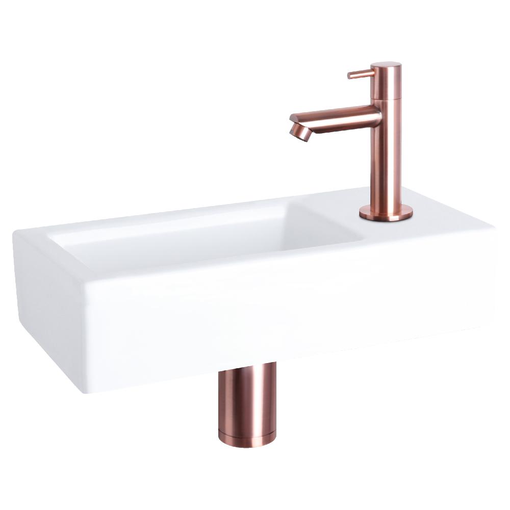 differnz Differnz Helios fonteinset – keramiek wit – koudwaterkraan recht rood koper – kraan rechts – always open afvoerplug – 37.5 x 18.5 x 9 cm