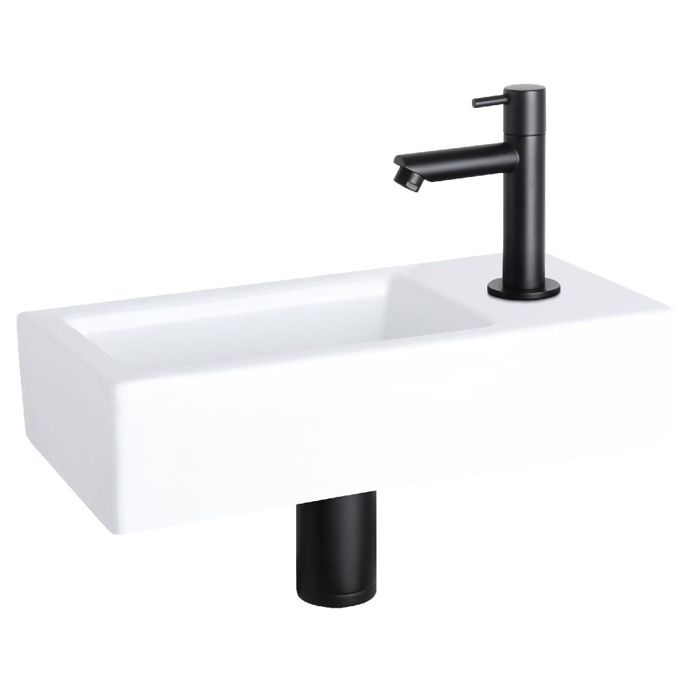 differnz Differnz Helios fonteinset – keramiek wit – koudwaterkraan recht mat zwart – kraan rechts – always open afvoerplug – 37.5 x 18.5 x 9 cm