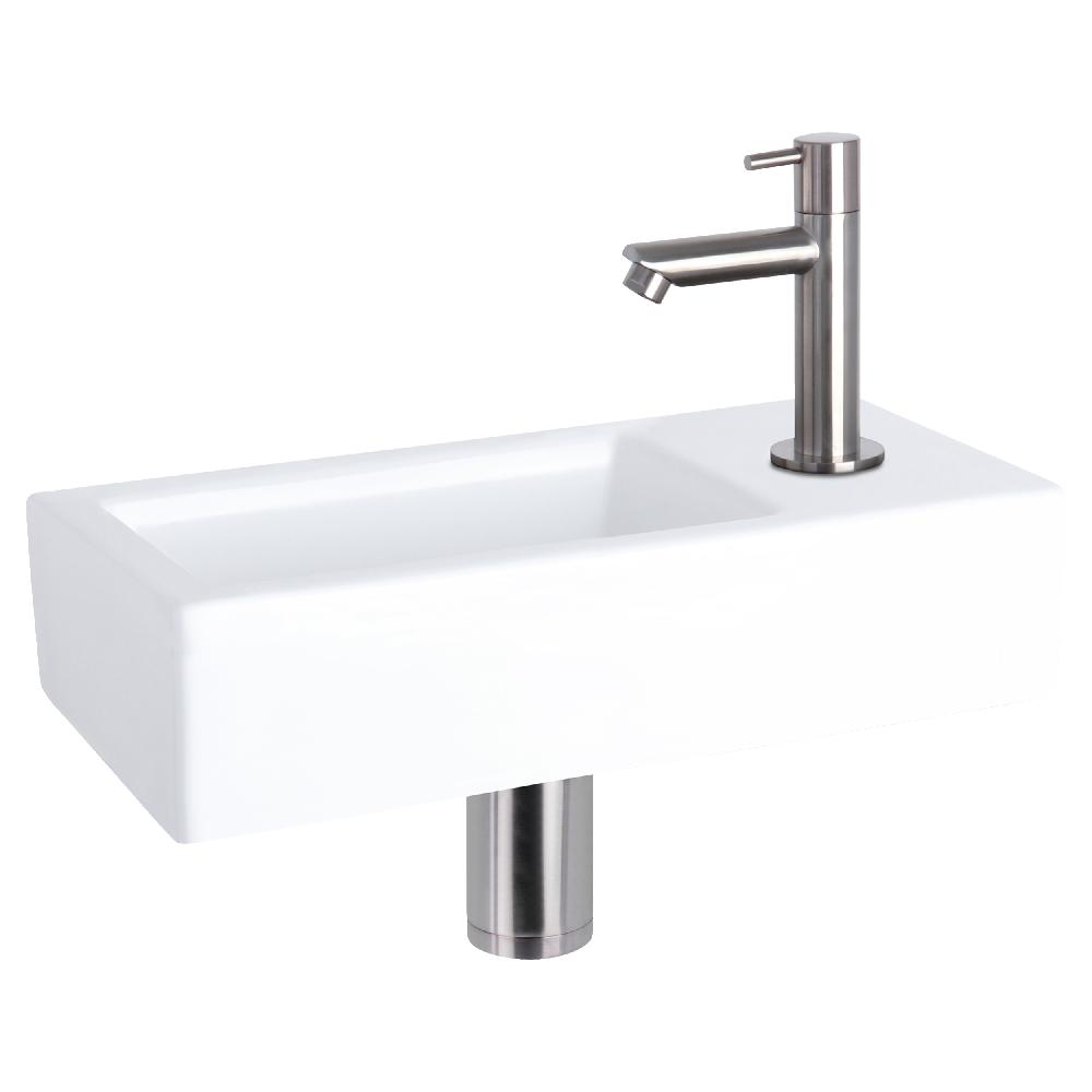 differnz Differnz Helios fonteinset – keramiek wit – koudwaterkraan recht mat chroom – kraan rechts – always open afvoerplug – 37.5 x 18.5 x 9 cm
