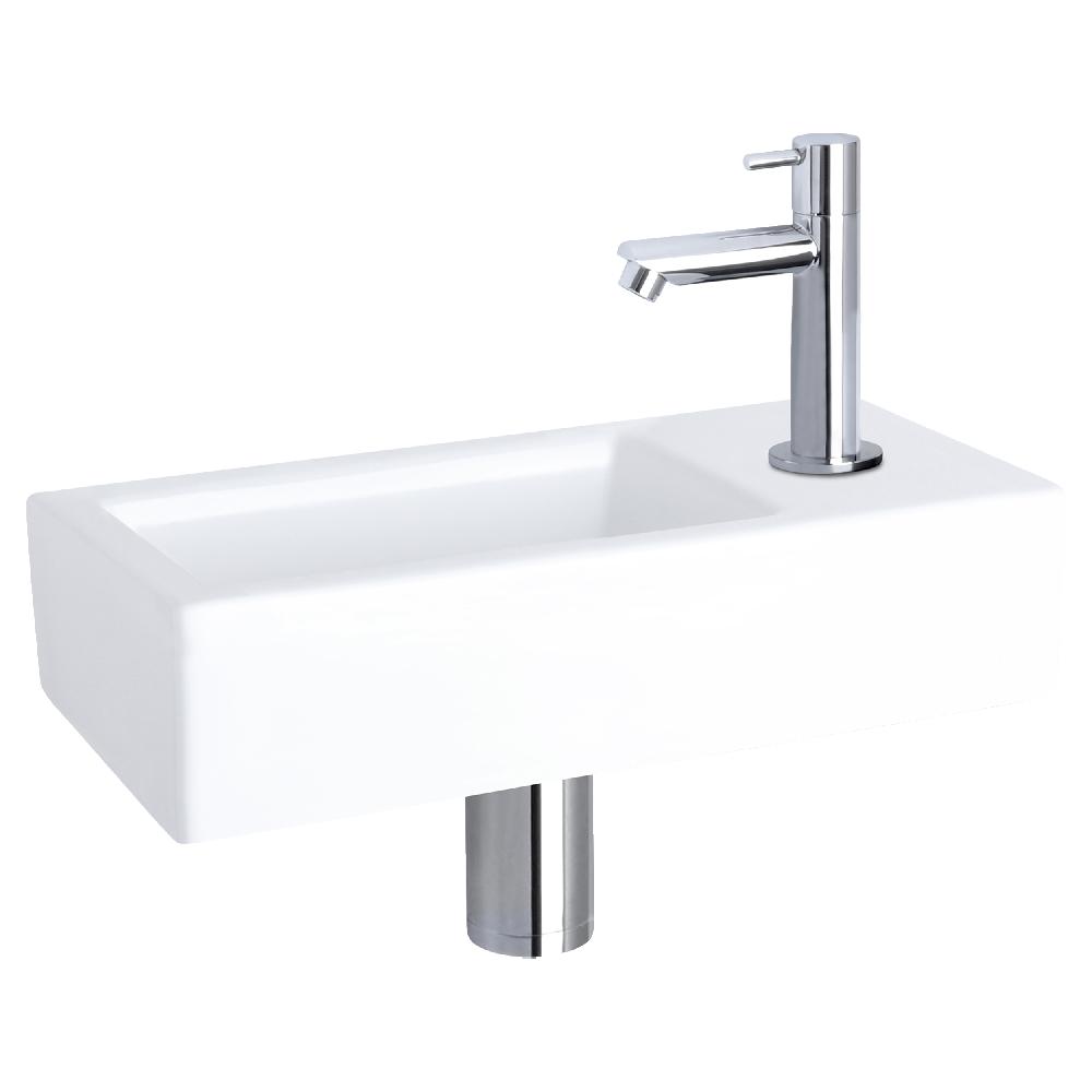 differnz Differnz Helios fonteinset – keramiek wit – koudwaterkraan recht chroom – kraan rechts – always open afvoerplug – 37.5 x 18.5 x 9 cm