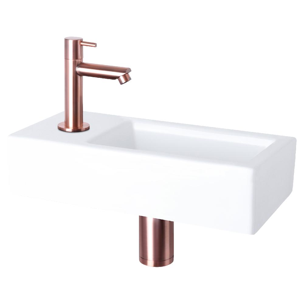 differnz Differnz Helios fonteinset – keramiek wit – koudwaterkraan recht rood koper – kraan links – always open afvoerplug – 37.5 x 18.5 x 9 cm