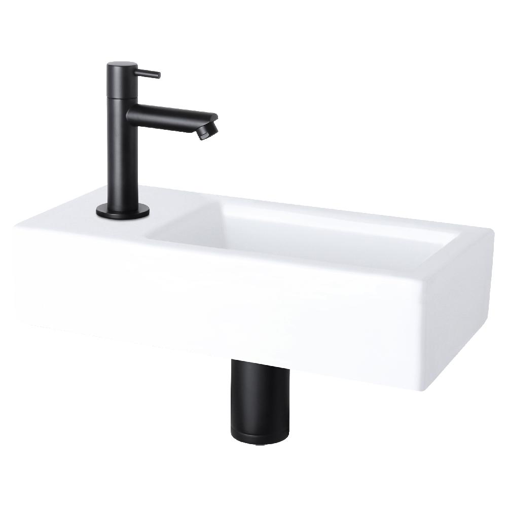 differnz Differnz Helios fonteinset – keramiek wit – koudwaterkraan recht mat zwart – kraan links – always open afvoerplug – 37.5 x 18.5 x 9 cm