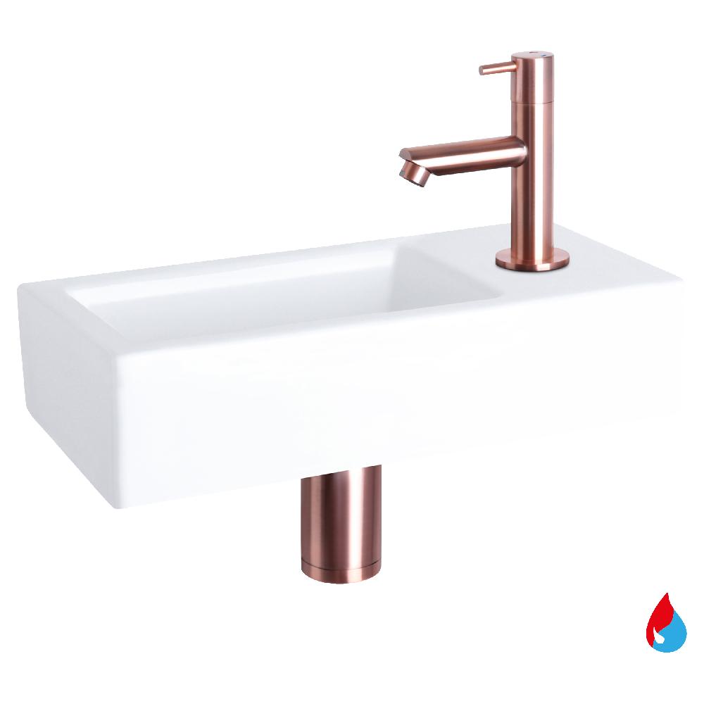 differnz Differnz Helios fonteinset – keramiek wit – warm/koud kraan recht rood koper – kraan rechts – always open afvoerplug – 37.5 x 18.5 x 9 cm