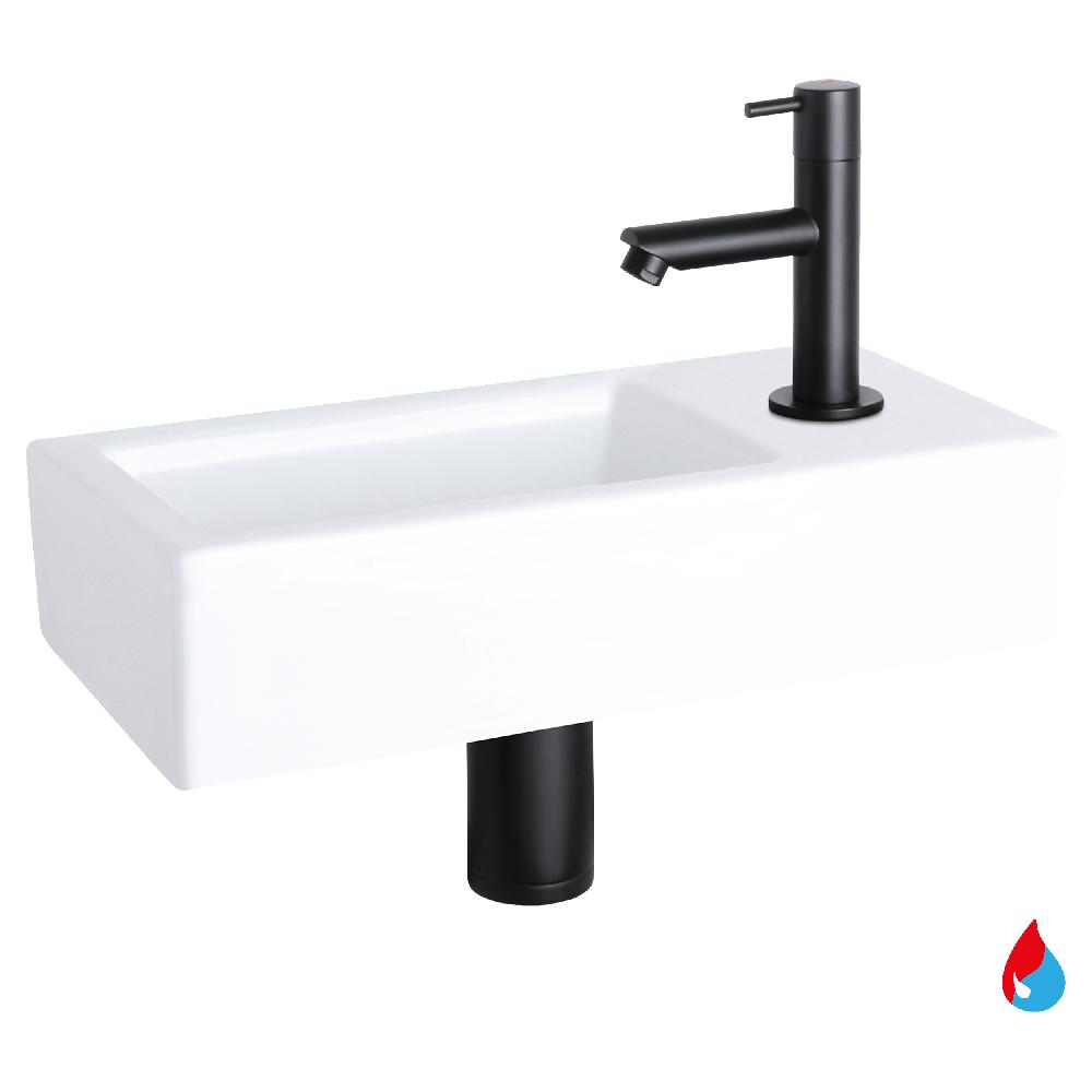 differnz Differnz Helios fonteinset – keramiek wit – warm/koud kraan recht mat zwart – kraan rechts – always open afvoerplug – 37.5 x 18.5 x 9 cm