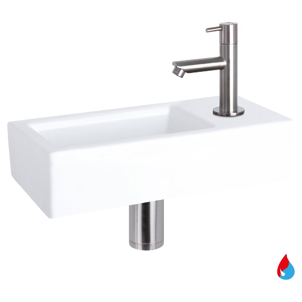 differnz Differnz Helios fonteinset – keramiek wit – warm/koud kraan recht mat chroom – kraan rechts – always open afvoerplug – 37.5 x 18.5 x 9 cm