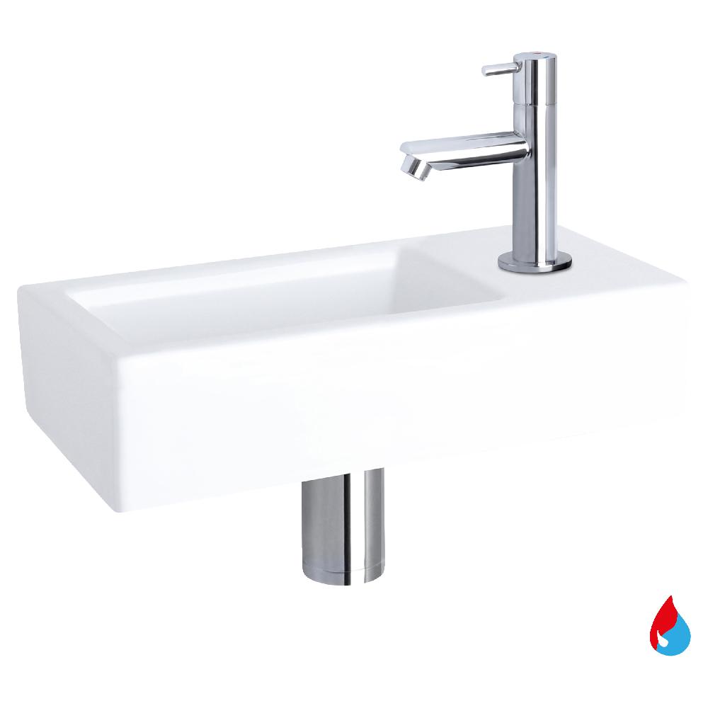 differnz Differnz Helios fonteinset – keramiek wit – warm/koud kraan recht chroom – kraan rechts – always open afvoerplug – 37.5 x 18.5 x 9 cm