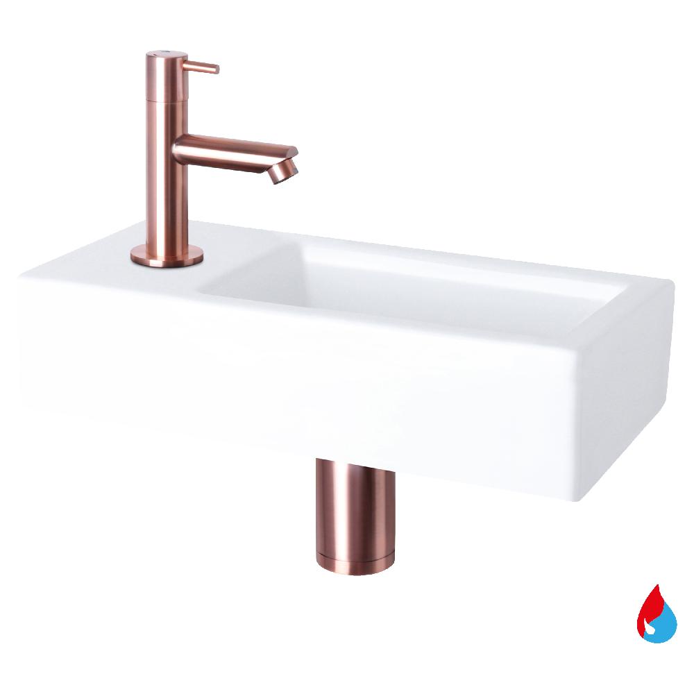 differnz Differnz Helios fonteinset – keramiek wit – warm/koud kraan recht rood koper – kraan links – always open afvoerplug – 37.5 x 18.5 x 9 cm