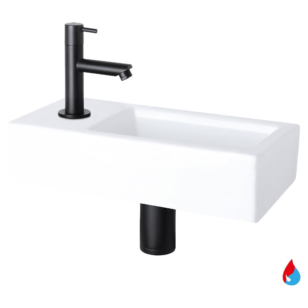 differnz Differnz Helios fonteinset – keramiek wit – warm/koud kraan recht mat zwart – kraan links – always open afvoerplug – 37.5 x 18.5 x 9 cm