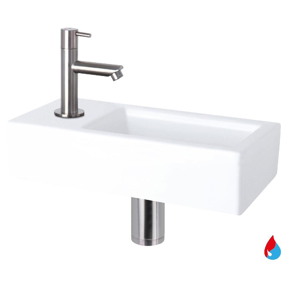 differnz Differnz Helios fonteinset – keramiek wit – warm/koud kraan recht mat chroom – kraan links – always open afvoerplug – 37.5 x 18.5 x 9 cm