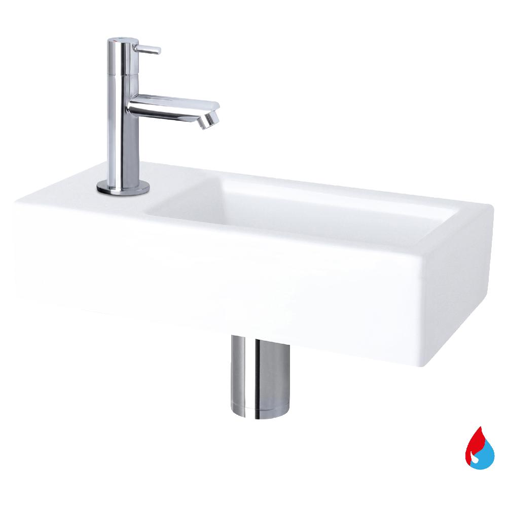 differnz Differnz Helios fonteinset – keramiek wit – warm/koud kraan recht chroom – kraan links – always open afvoerplug – 37.5 x 18.5 x 9 cm