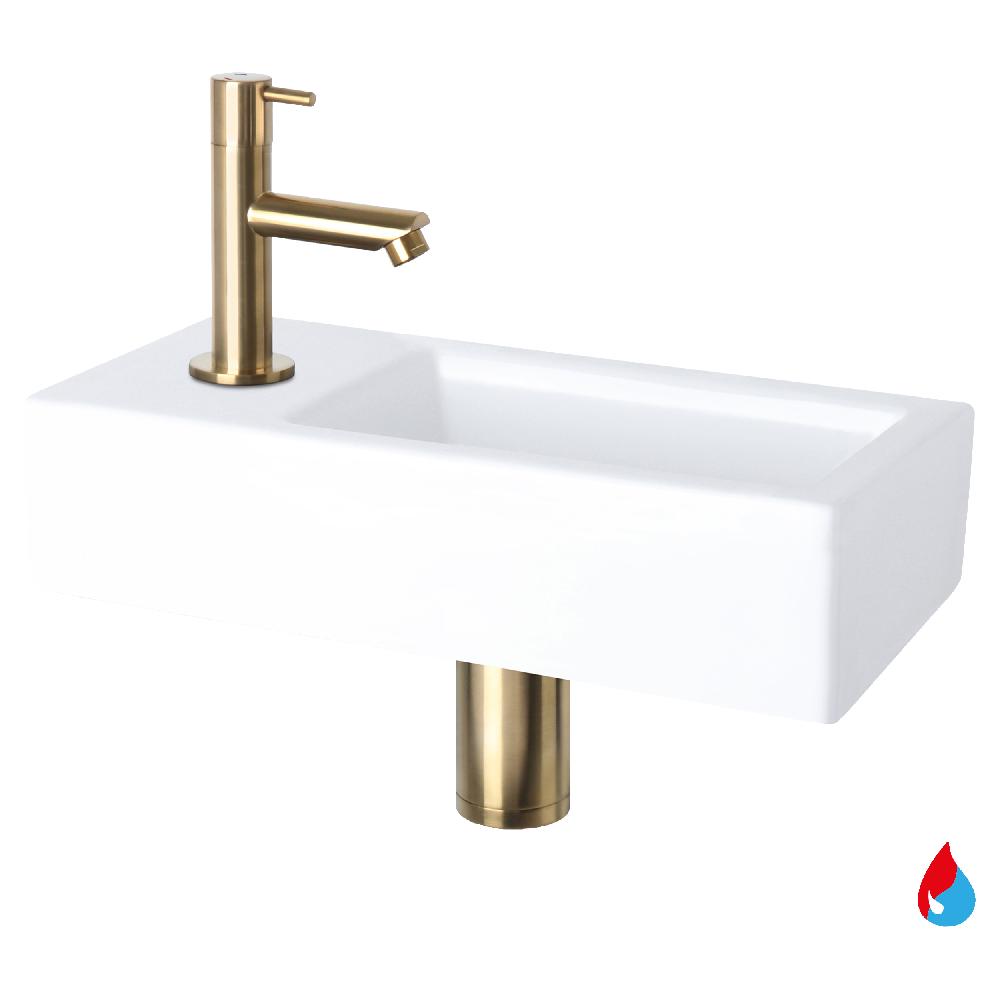 differnz Differnz Helios fonteinset – keramiek wit – warm/koud kraan recht mat goud – kraan links – always open afvoerplug – 37.5 x 18.5 x 9 cm
