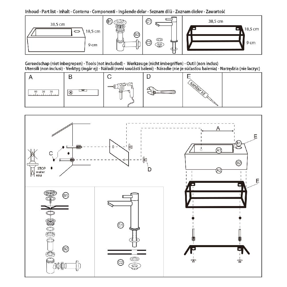 Differnz Differnz Jukon Fonteinset – Beton Donkergrijs – Kraan Gebogen Mat Zwart – 38.5 X 18.5 X 9 Cm – Met Handdoekrek Zwart
