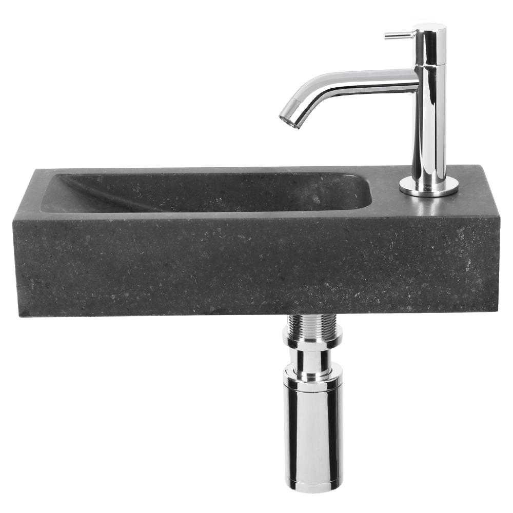 differnz Differnz Luxor fonteinset – natuursteen zwart – kraan gebogen chroom – 38 x 14 x 8 cm