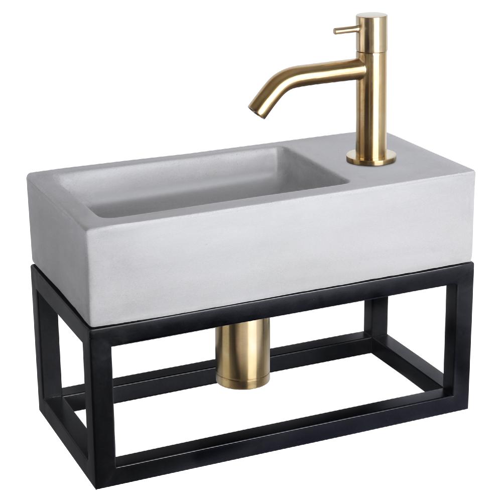 differnz Differnz Ravo fonteinset – beton lichtgrijs – kraan gebogen mat goud – 38.5 x 18.5 x 9 cm – met handdoekrek