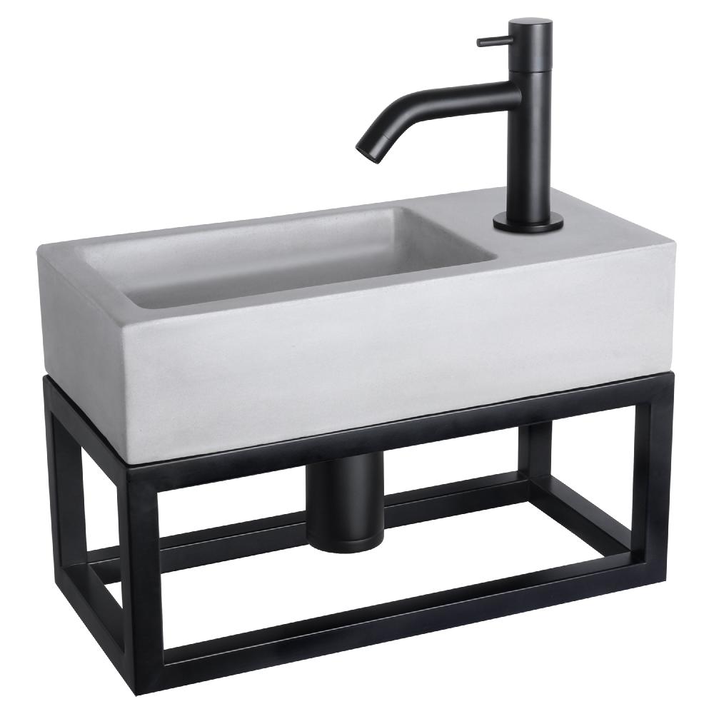 differnz Differnz Ravo fonteinset – beton lichtgrijs – kraan gebogen mat zwart – 38.5 x 18.5 x 9 cm – met handdoekrek