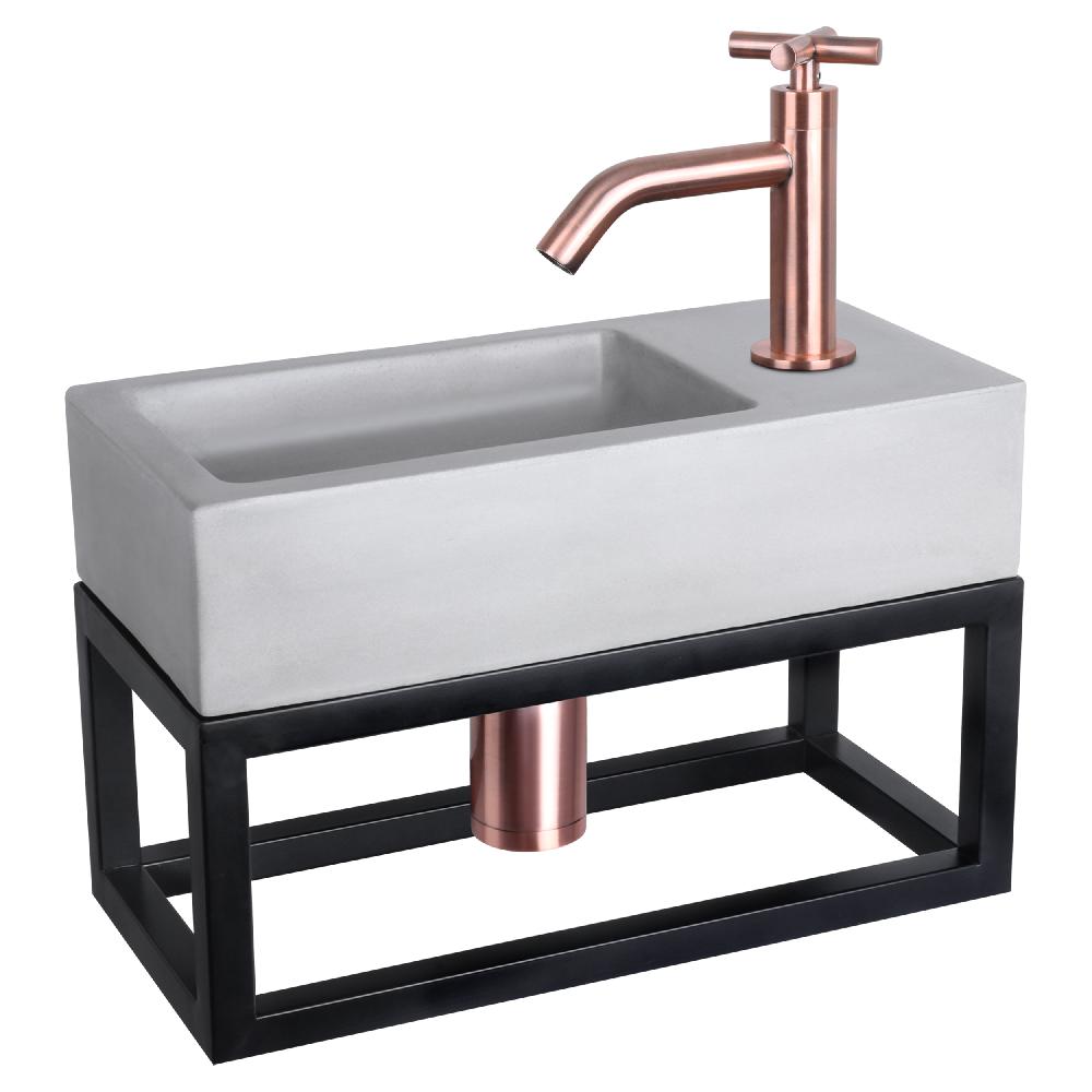 differnz Differnz Ravo fonteinset – beton lichtgrijs – kraan kruis rood koper – 38.5 x 18.5 x 9 cm – met handdoekrek