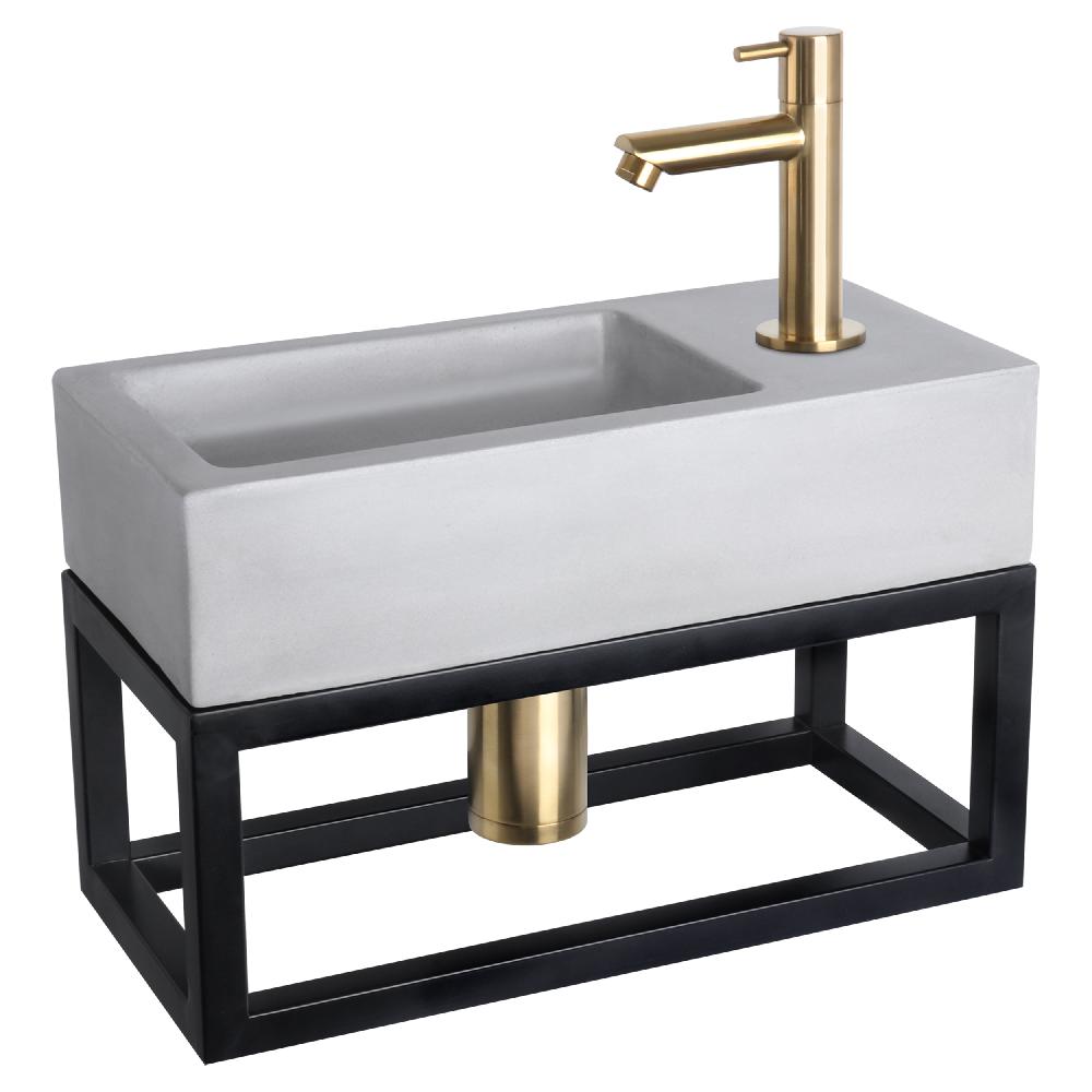 differnz Differnz Ravo fonteinset – beton lichtgrijs – kraan recht mat goud – 38.5 x 18.5 x 9 cm – met handdoekrek