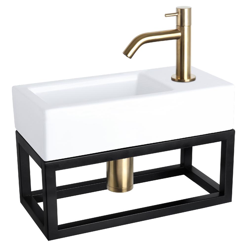 differnz Differnz Ravo fonteinset – keramiek – kraan gebogen mat goud – 38.5 x 18.5 x 9 cm – met handdoekrek