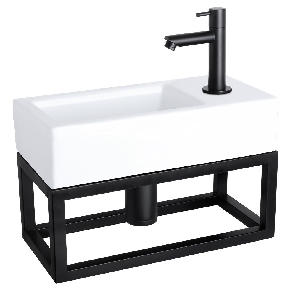 differnz Differnz Ravo fonteinset – keramiek – kraan recht mat zwart – 38.5 x 18.5 x 9 cm – met handdoekrek