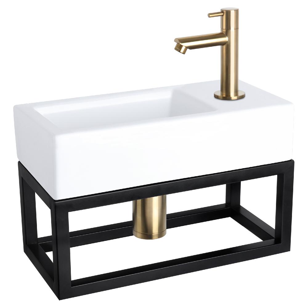 differnz Differnz Ravo fonteinset – keramiek – kraan recht mat goud – 38.5 x 18.5 x 9 cm – met handdoekrek