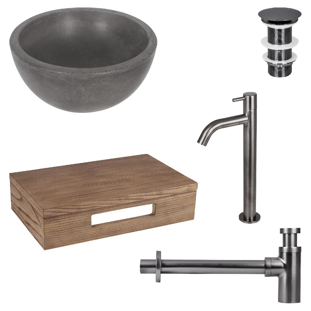 differnz Differnz Ruz fonteinset – waskom beton donkergrijs – koudwaterkaan hoog gun metal – inclusief wastafelplank donker eiken
