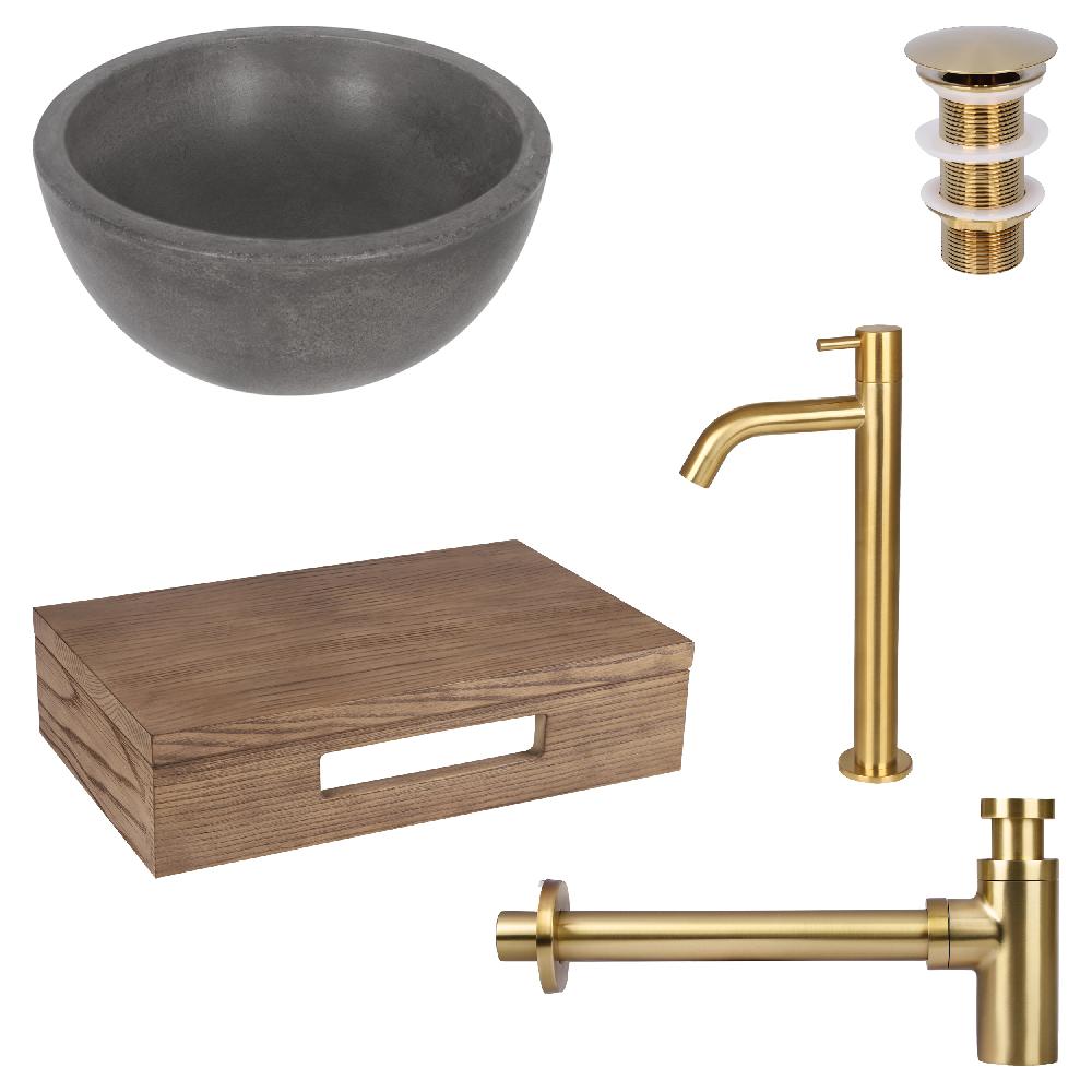 differnz Differnz Ruz fonteinset – waskom beton donkergrijs – koudwaterkaan hoog mat goud – inclusief wastafelplank donker eiken