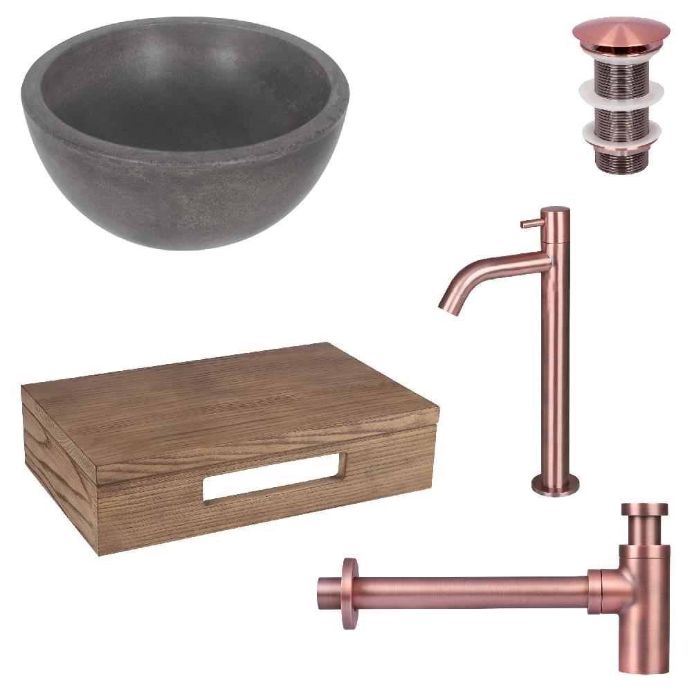 differnz Differnz Ruz fonteinset – waskom beton donkergrijs – koudwaterkaan hoog rood koper – inclusief wastafelplank donker eiken
