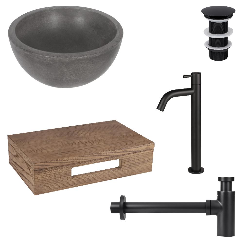 differnz Differnz Ruz fonteinset – waskom beton donkergrijs – koudwaterkaan hoog mat zwart – inclusief wastafelplank donker eiken