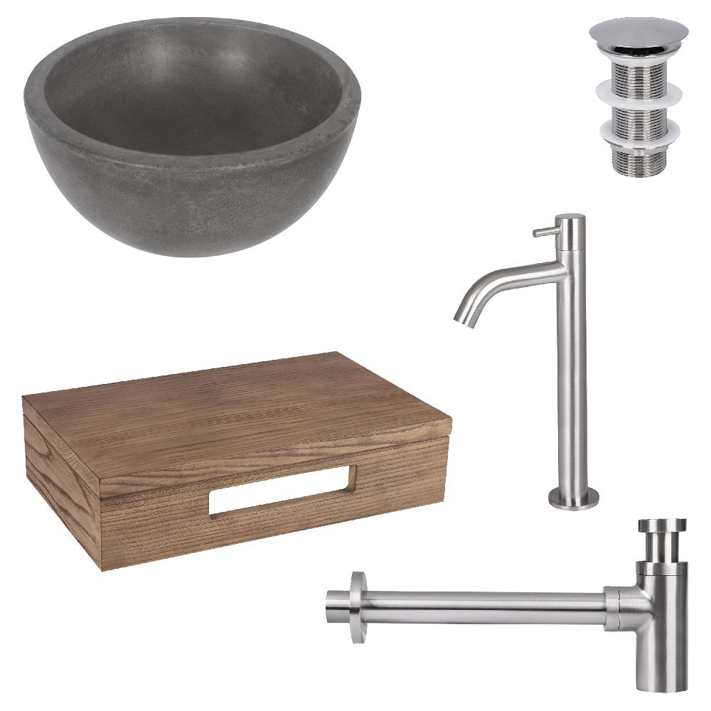 differnz Differnz Ruz fonteinset – waskom beton donkergrijs – koudwaterkaan hoog mat chroom – inclusief wastafelplank donker eiken