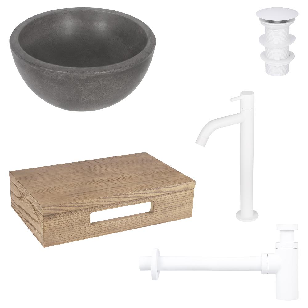 differnz Differnz Ruz fonteinset – waskom beton donkergrijs – koudwaterkraan hoog mat wit – inclusief wastafelplank licht eiken