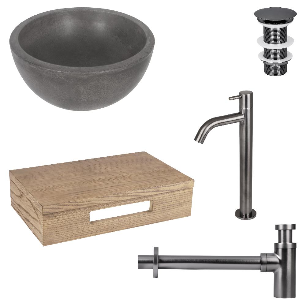 differnz Differnz Ruz fonteinset – waskom beton donkergrijs – koudwaterkraan hoog gun metal – inclusief wastafelplank licht eiken