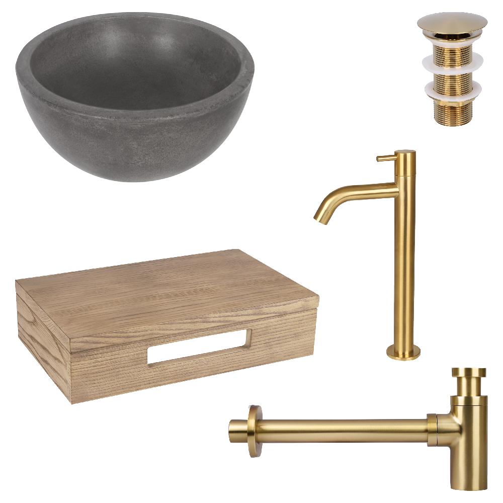 differnz Differnz Ruz fonteinset – waskom beton donkergrijs – koudwaterkraan hoog mat goud – inclusief wastafelplank licht eiken