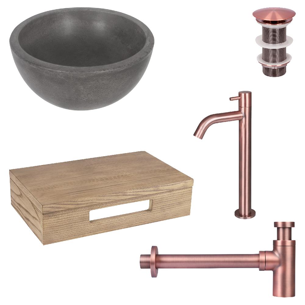 differnz Differnz Ruz fonteinset – waskom beton donkergrijs – koudwaterkraan hoog rood koper – inclusief wastafelplank licht eiken