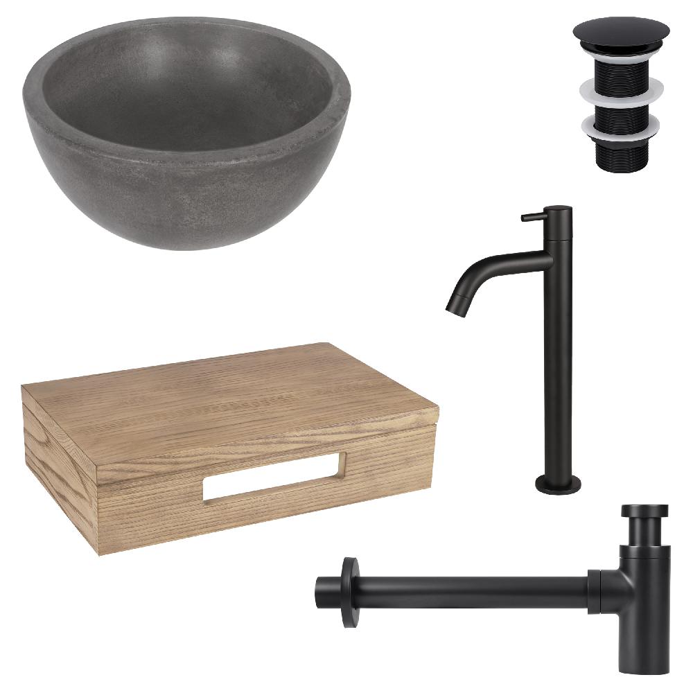 differnz Differnz Ruz fonteinset – waskom beton donkergrijs – koudwaterkraan hoog mat zwart – inclusief wastafelplank licht eiken