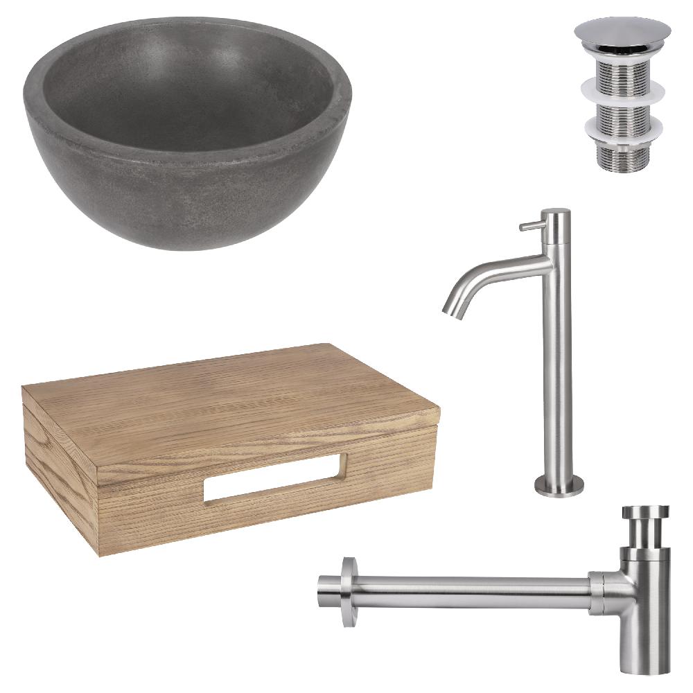 differnz Differnz Ruz fonteinset – waskom beton donkergrijs – koudwaterkraan hoog mat chroom – inclusief wastafelplank licht eiken