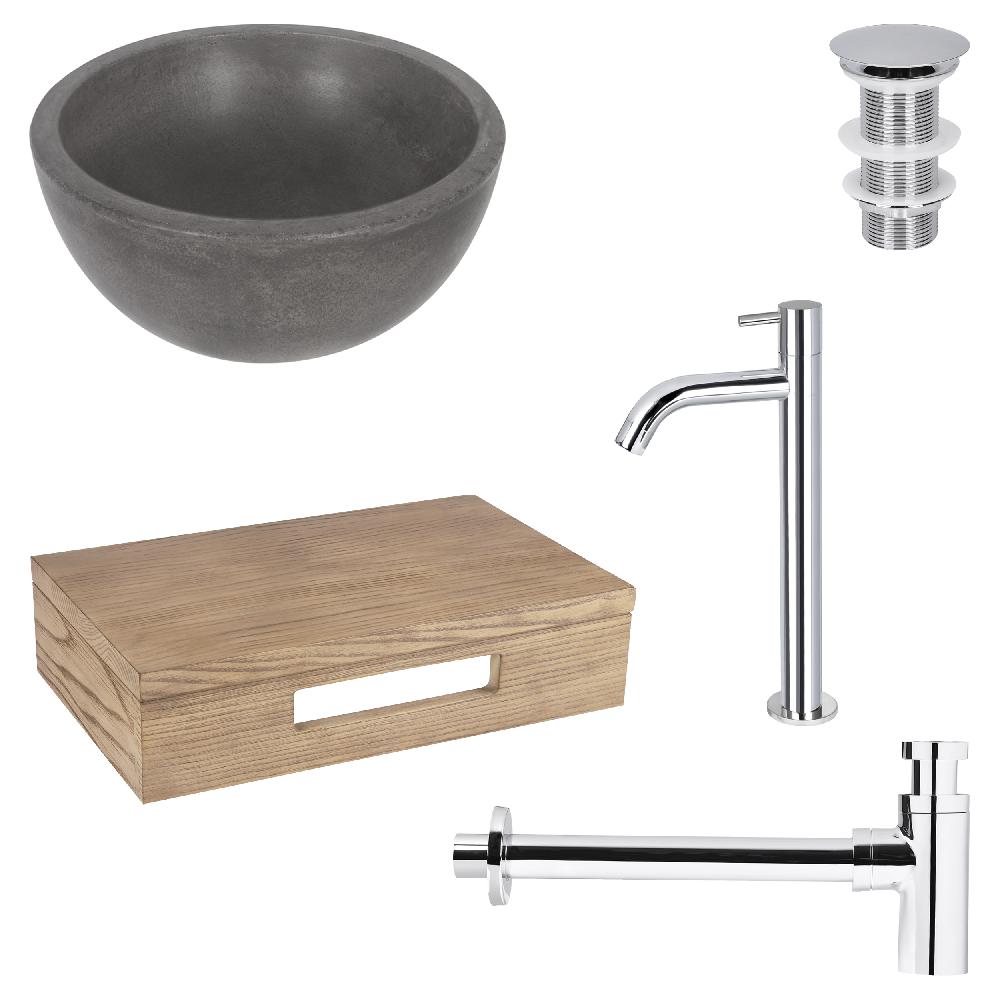 differnz Differnz Ruz fonteinset – waskom beton donkergrijs – koudwaterkraan hoog chroom – inclusief wastafelplank licht eiken