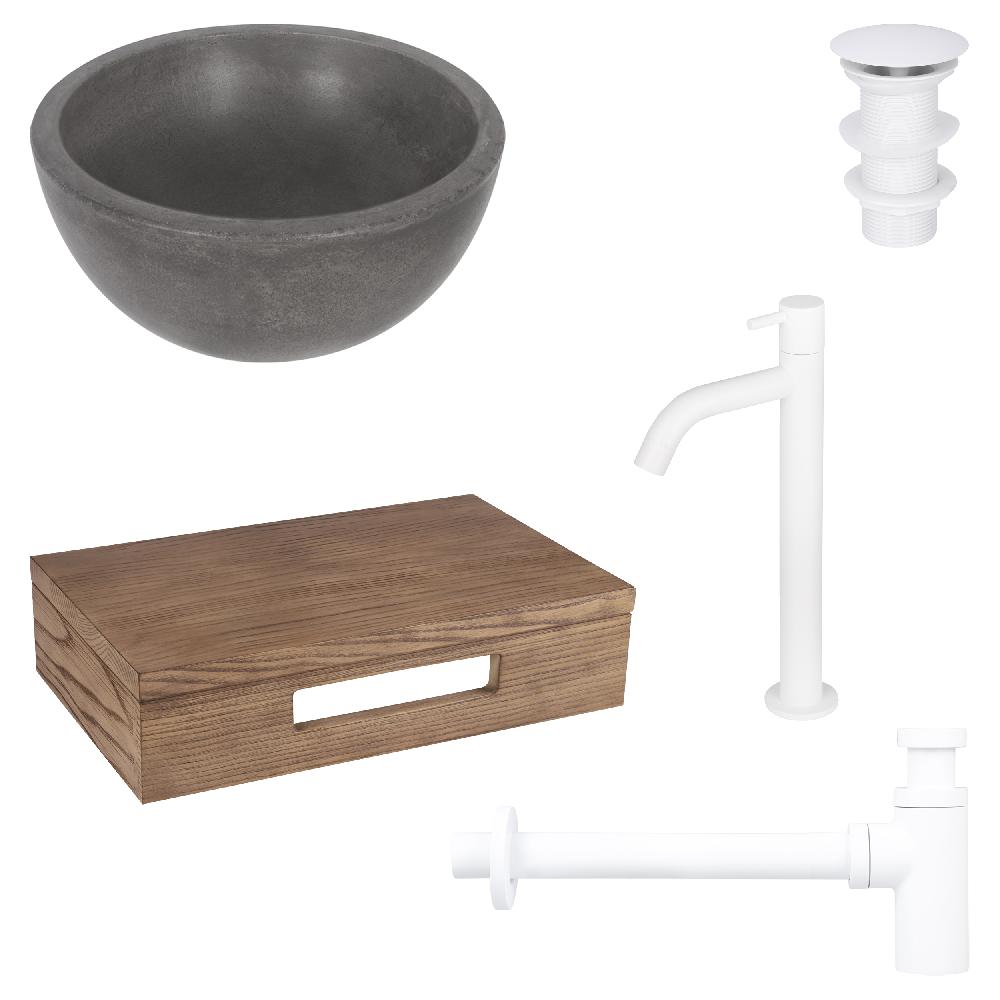 differnz Differnz Ruz fonteinset – waskom beton donkergrijs – koudwaterkaan hoog mat wit – inclusief wastafelplank donker eiken