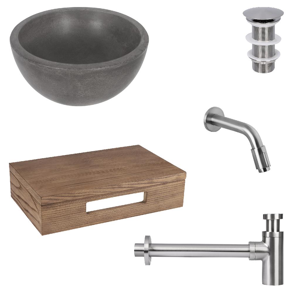 differnz Differnz Ruz fonteinset – waskom beton donkergrijs – muurkraan 15 cm mat chroom – inclusief wastafelplank donker eiken