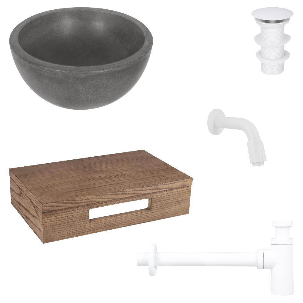differnz Differnz Ruz fonteinset – waskom beton donkergrijs – muurkraan 11 cm mat wit – inclusief wastafelplank donker eiken