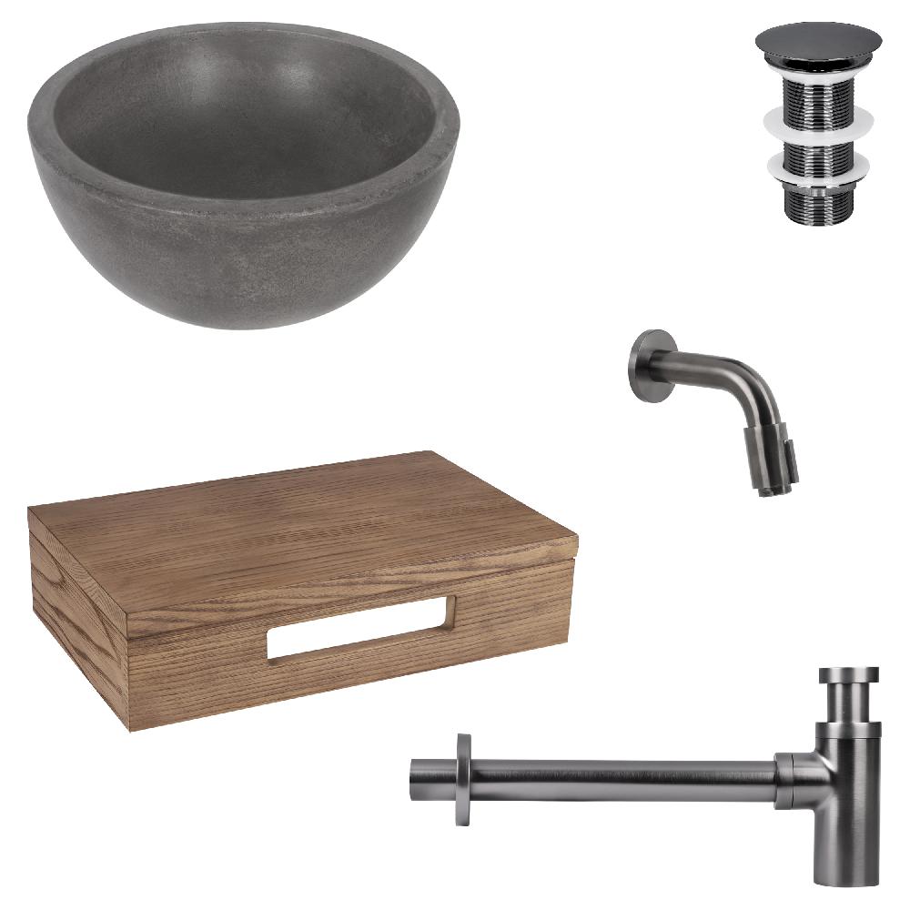 differnz Differnz Ruz fonteinset – waskom beton donkergrijs – muurkraan 11 cm gun metal – inclusief wastafelplank donker eiken