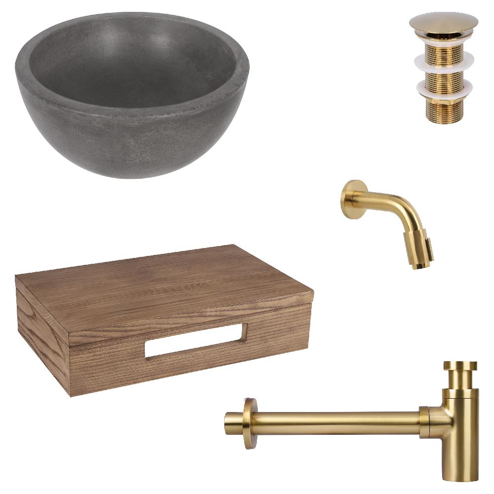 differnz Differnz Ruz fonteinset – waskom beton donkergrijs – muurkraan 11 cm mat goud – inclusief wastafelplank donker eiken